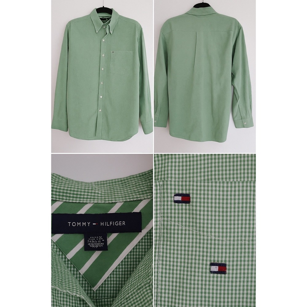 Tommy Hilfiger Men's Sz L Button‎ Down Shirt Green Check Plaid Ivy League Preppy
